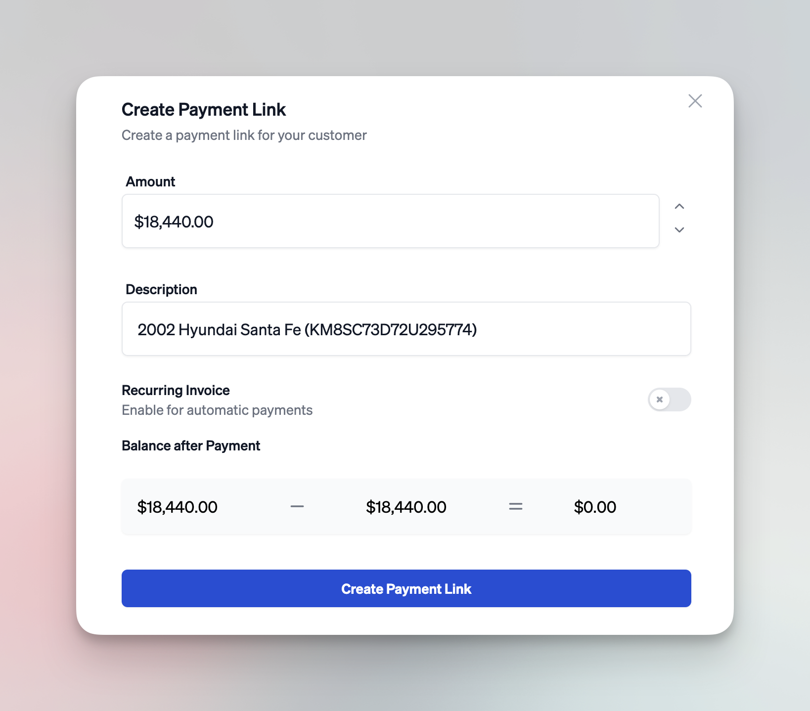 Create Payment Link modal with amount field