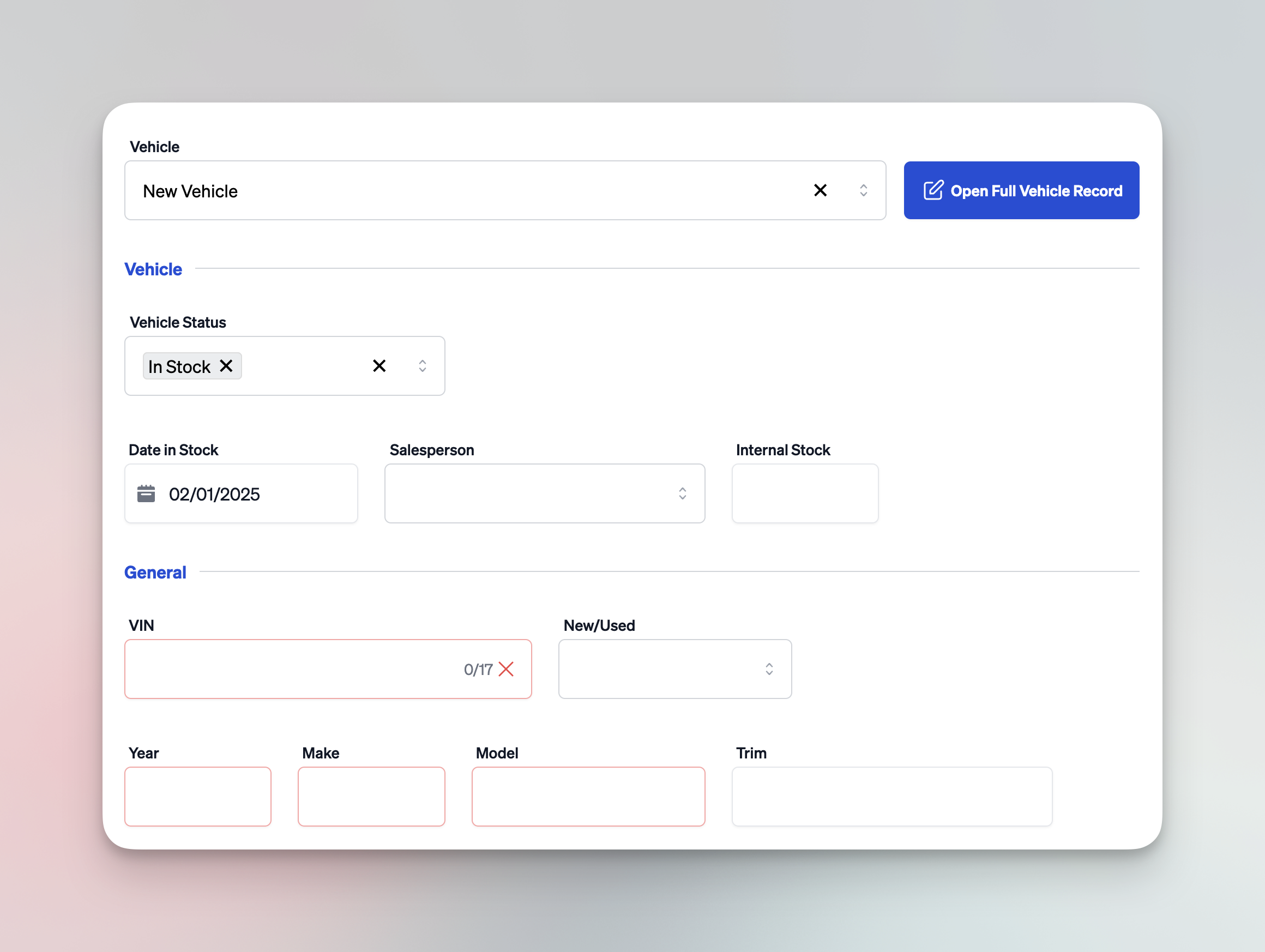 Add new vehicle information form for Deal Jacket