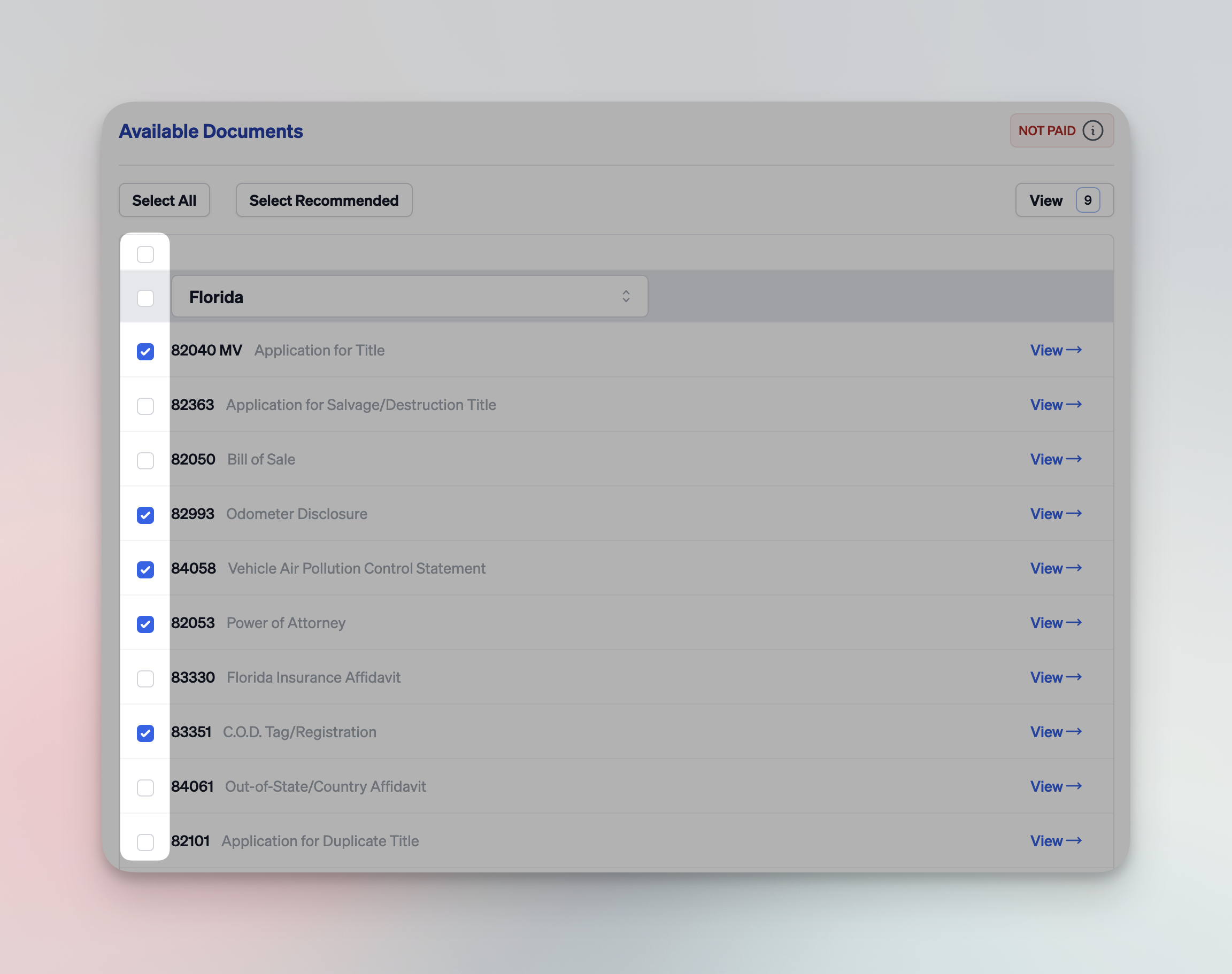 Documents tab with recommended forms selected