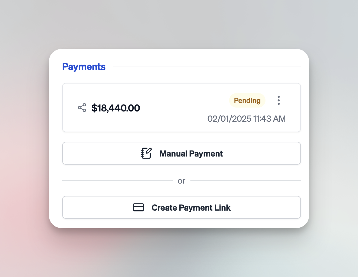 Payments grid with a created payment card