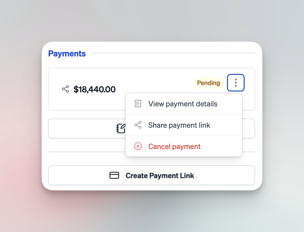 Payment card with three-dot menu actions