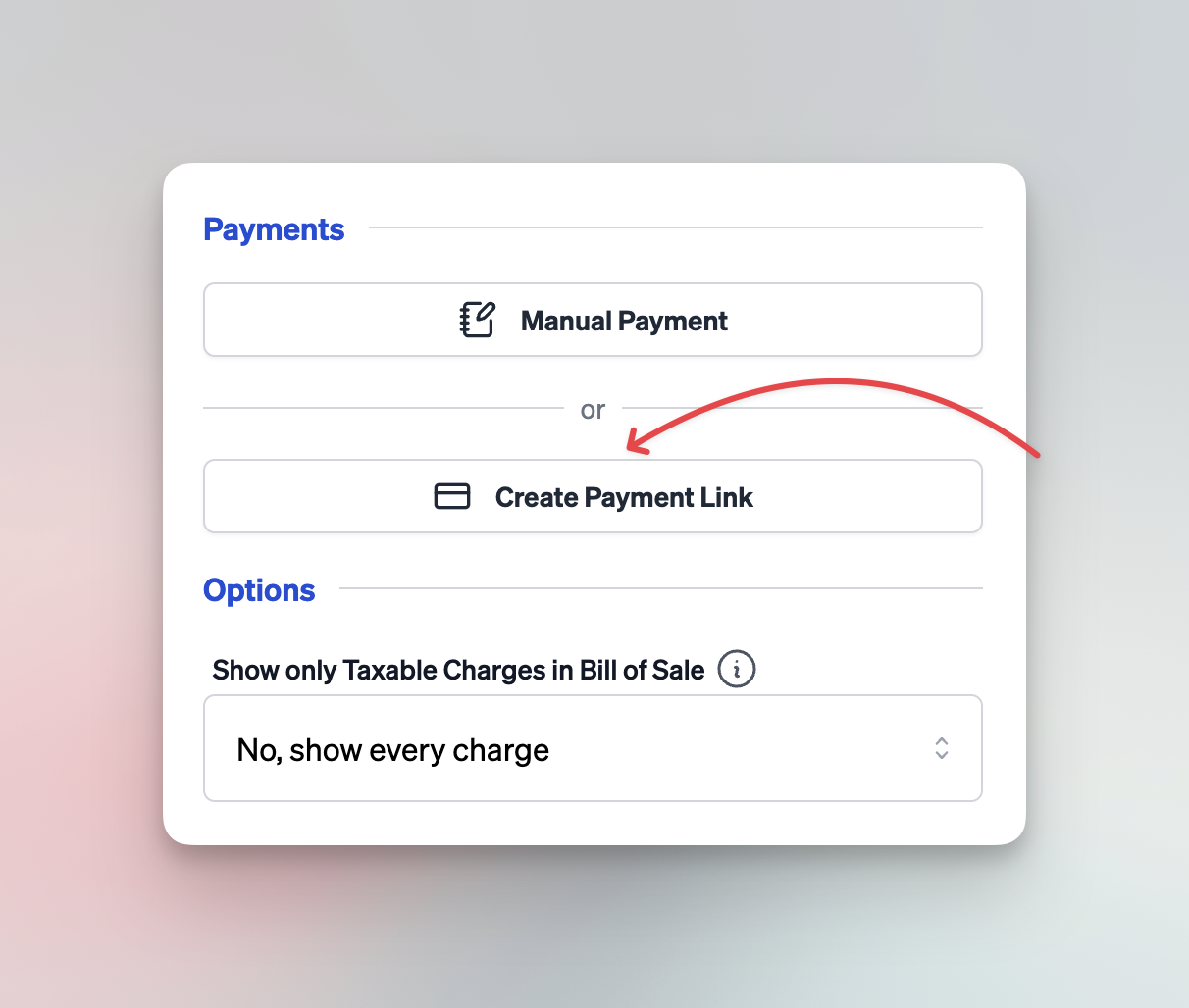 Pricing tab showing Payments section on the right side