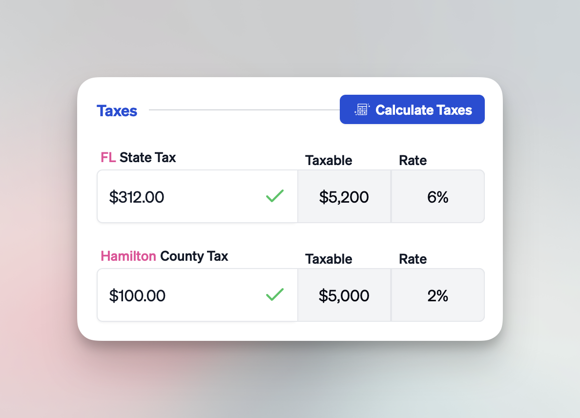 Pricing details showing calculated taxes