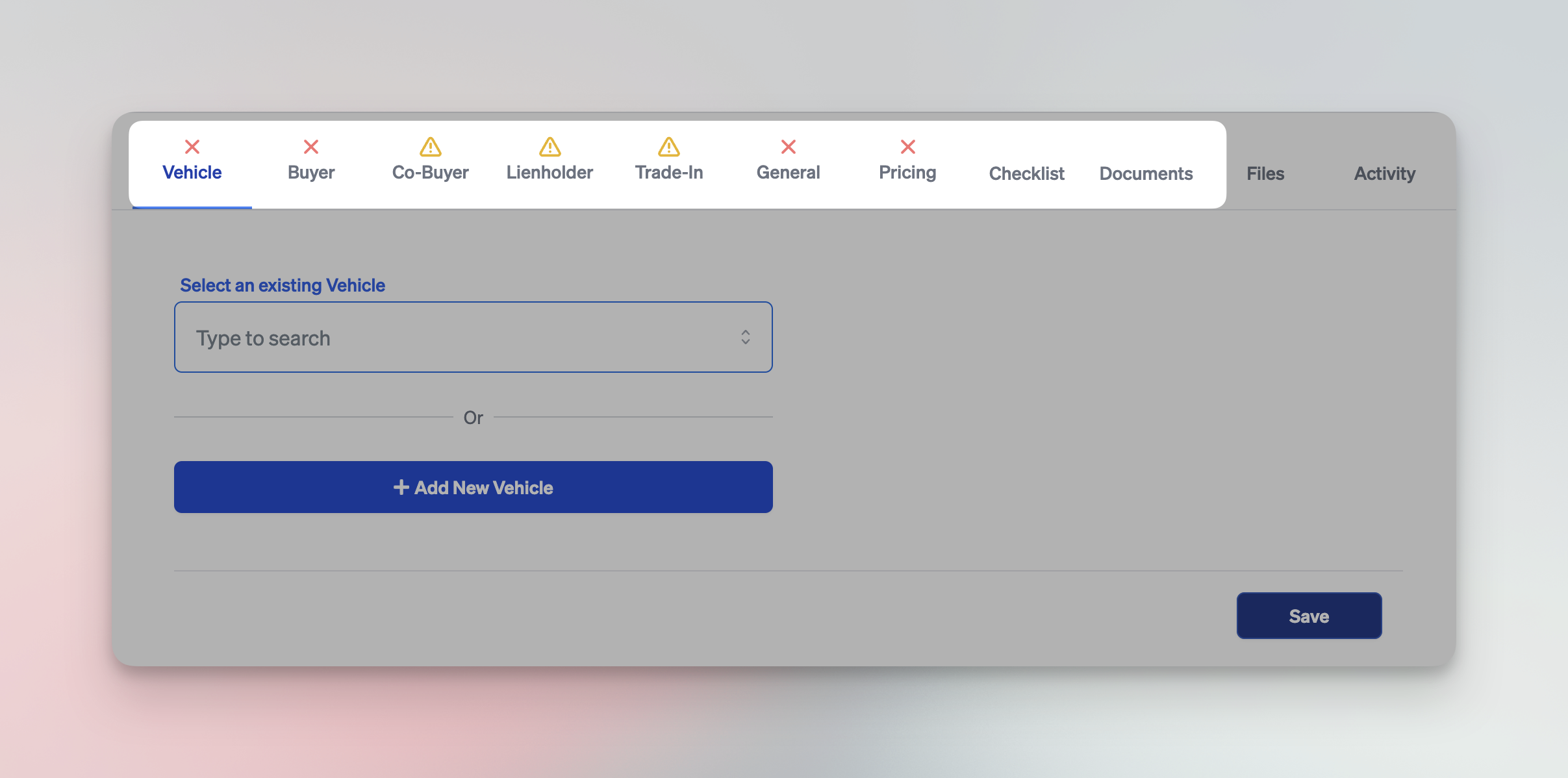 Deal Jacket top menu tabs highlighting Vehicle, Buyer, Lienholder, Trade-In, General, Pricing, and Documents