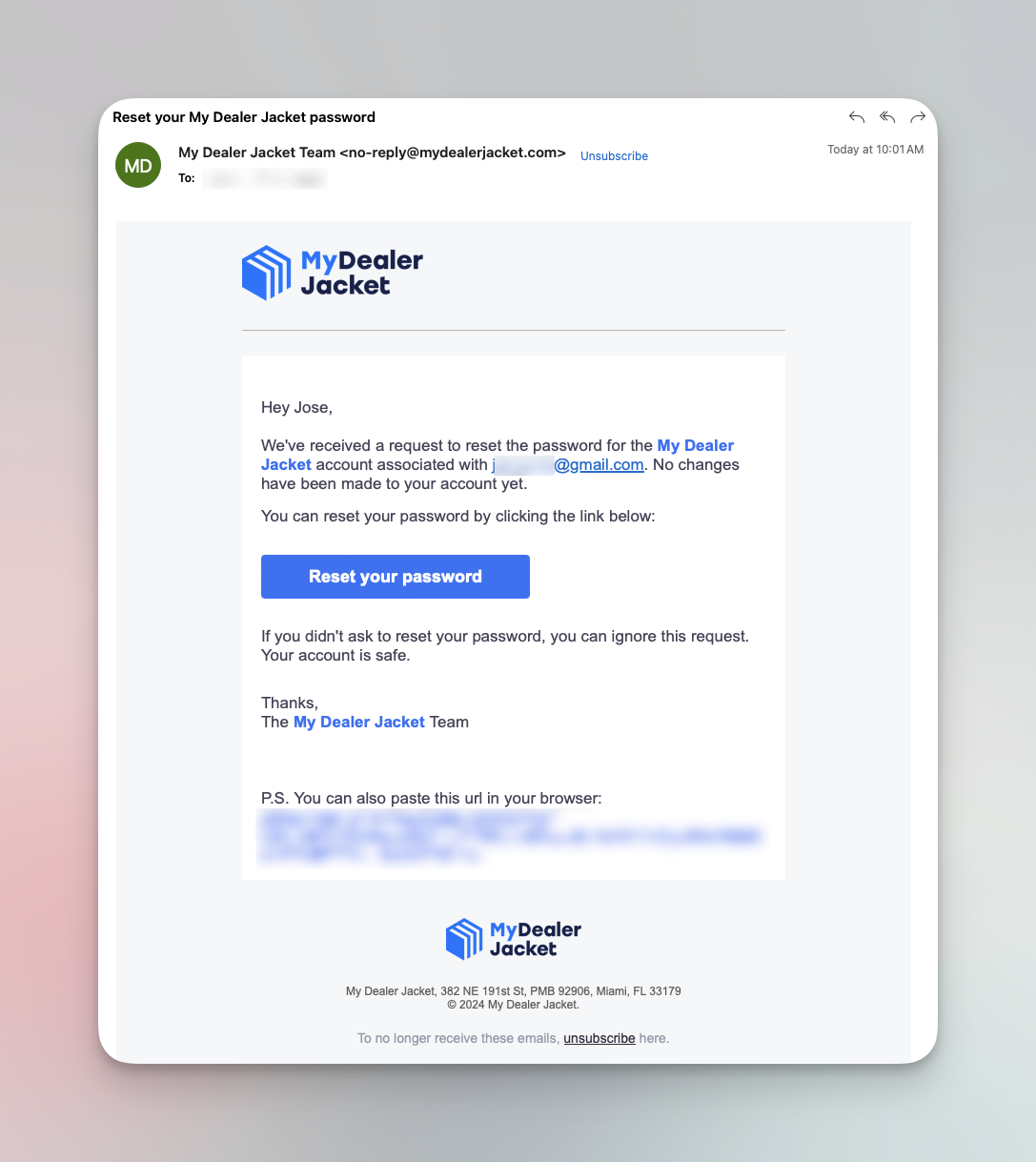 Password reset email