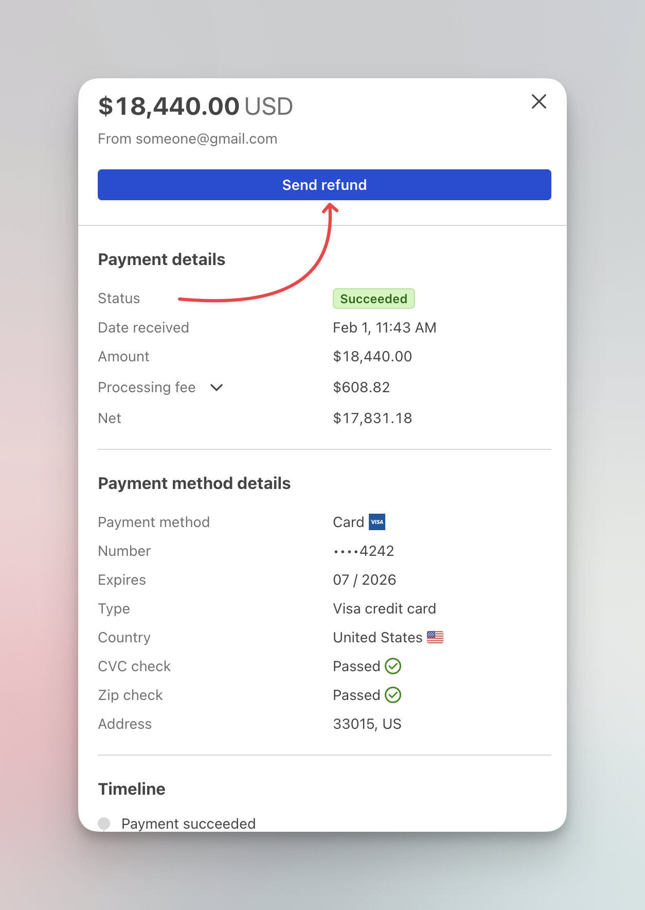 Payment details panel with Send Refund button