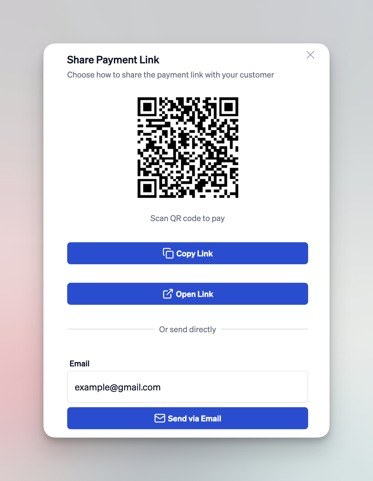 Share Payment Link modal showing various sharing options