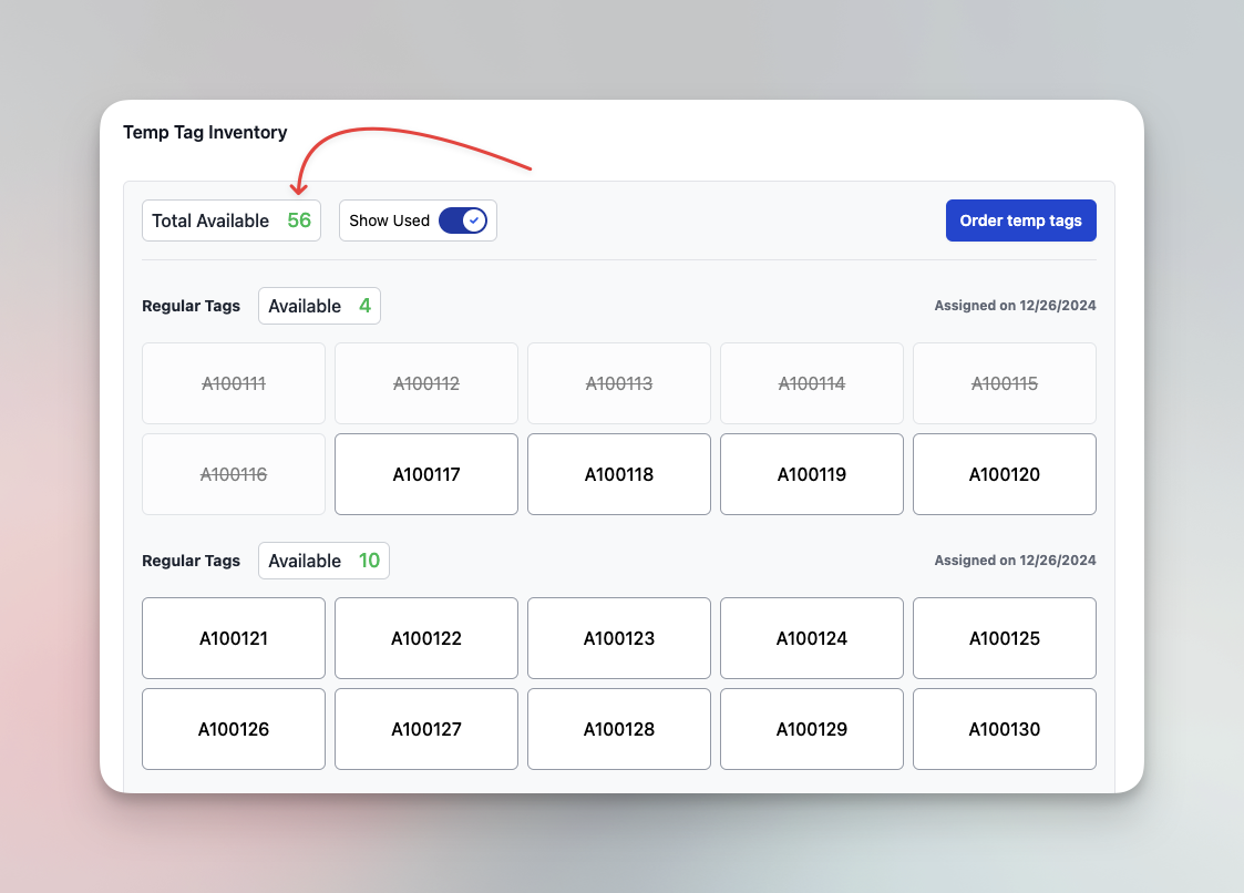 Temp tag inventory highlighting total available