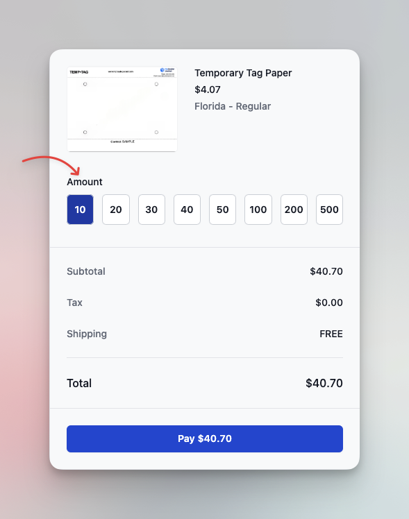 Temp tag order with quantity options