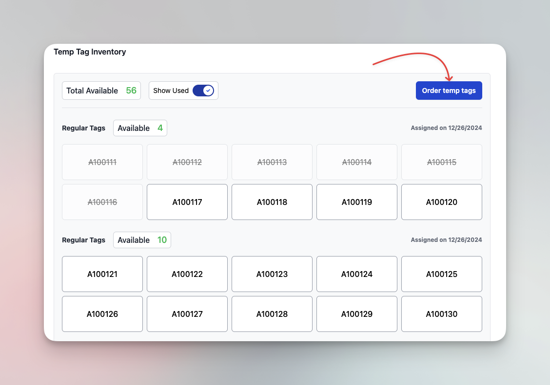 Temp tag page highlighting order temp tags