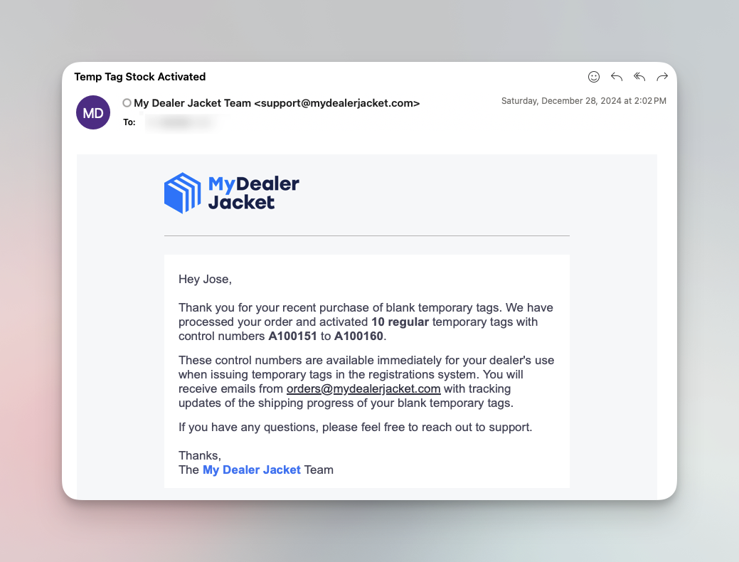 Temp tag stock activated email