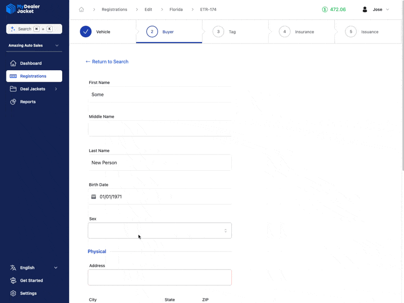 Proporcionando información del comprador para la Registración