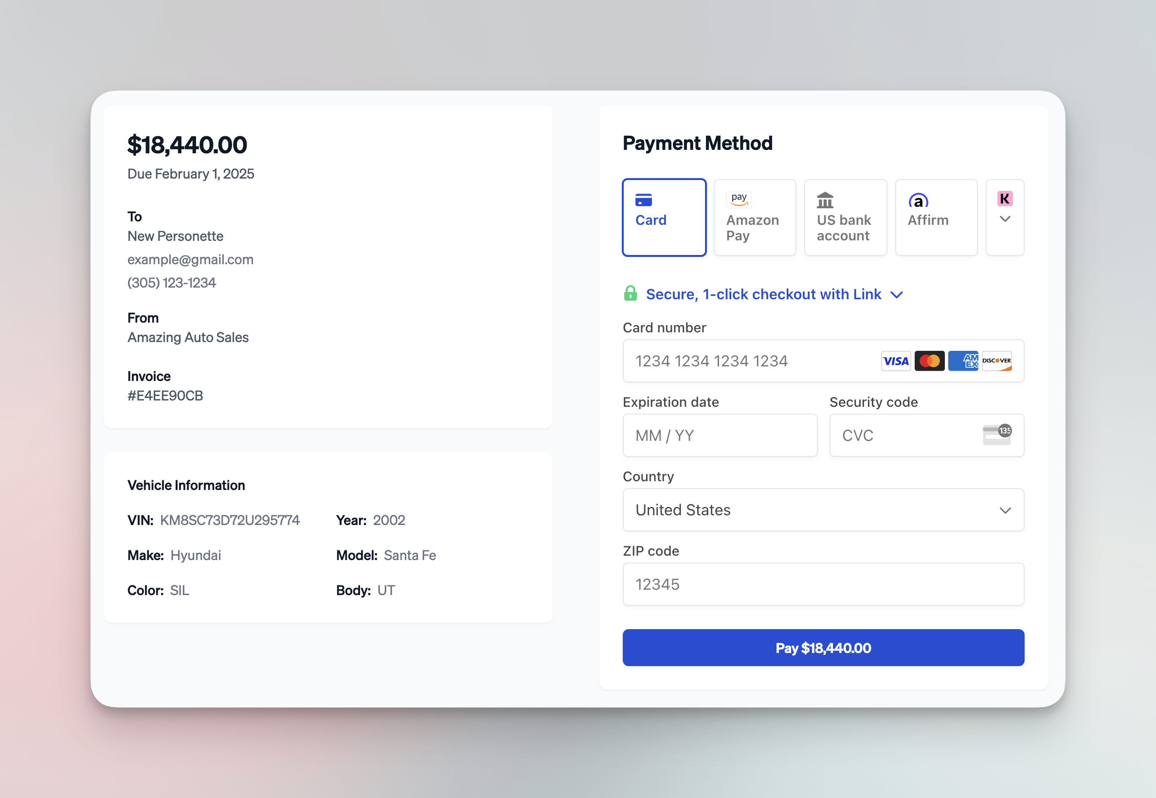 Customer payment page with payment details on the left and secure payment form on the right