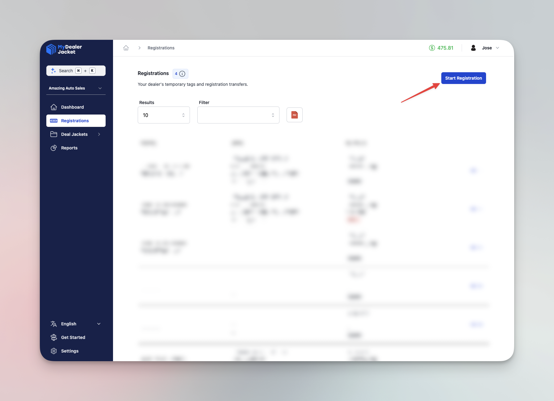Página de Registraciones resaltando el botón Iniciar Registración