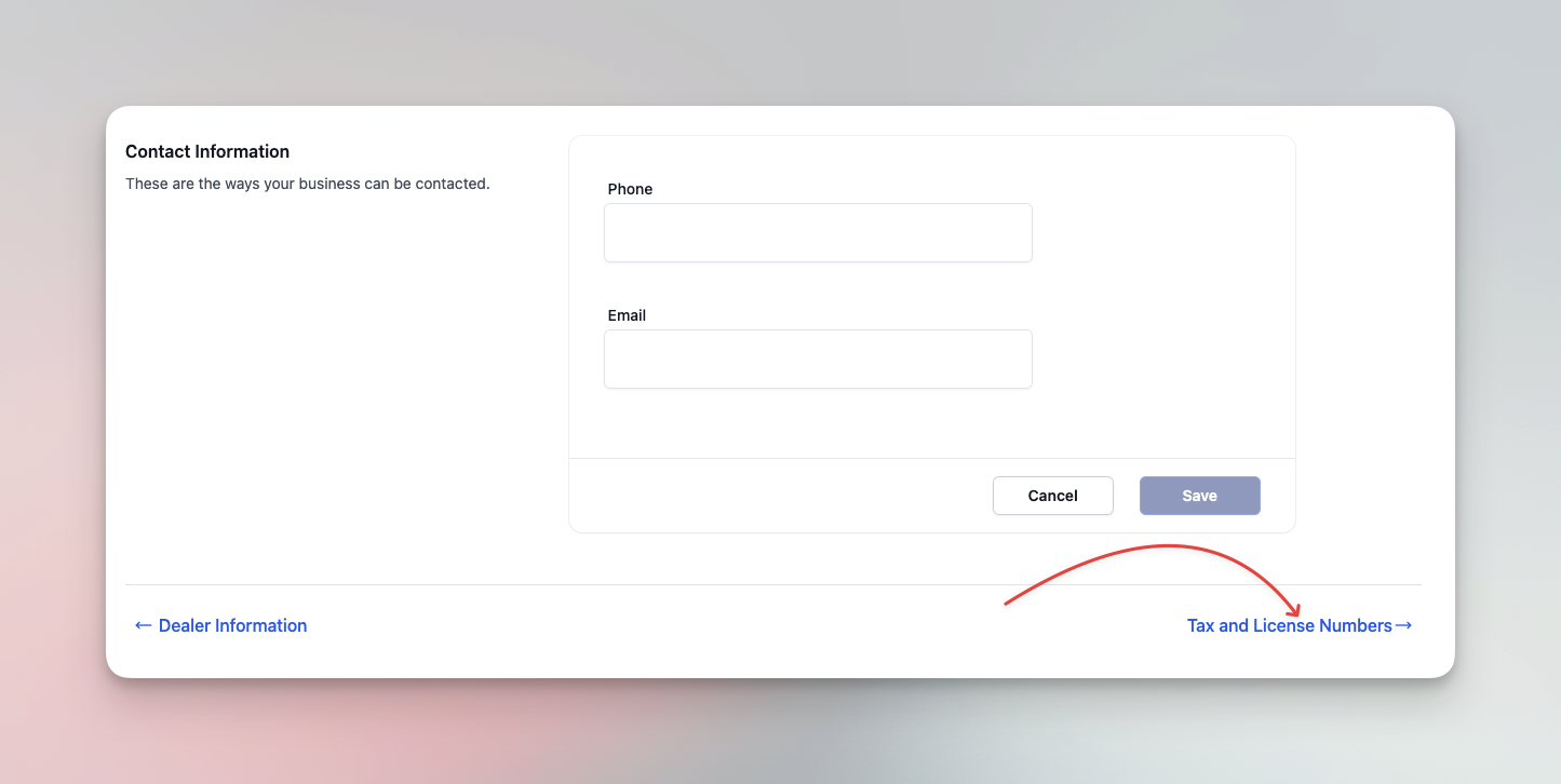 Dealer contact page highlighting tax and license numbers link