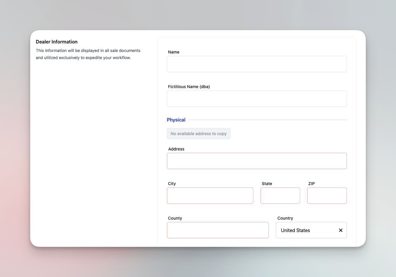 Dealer profile page highlighting incomplete dealer information