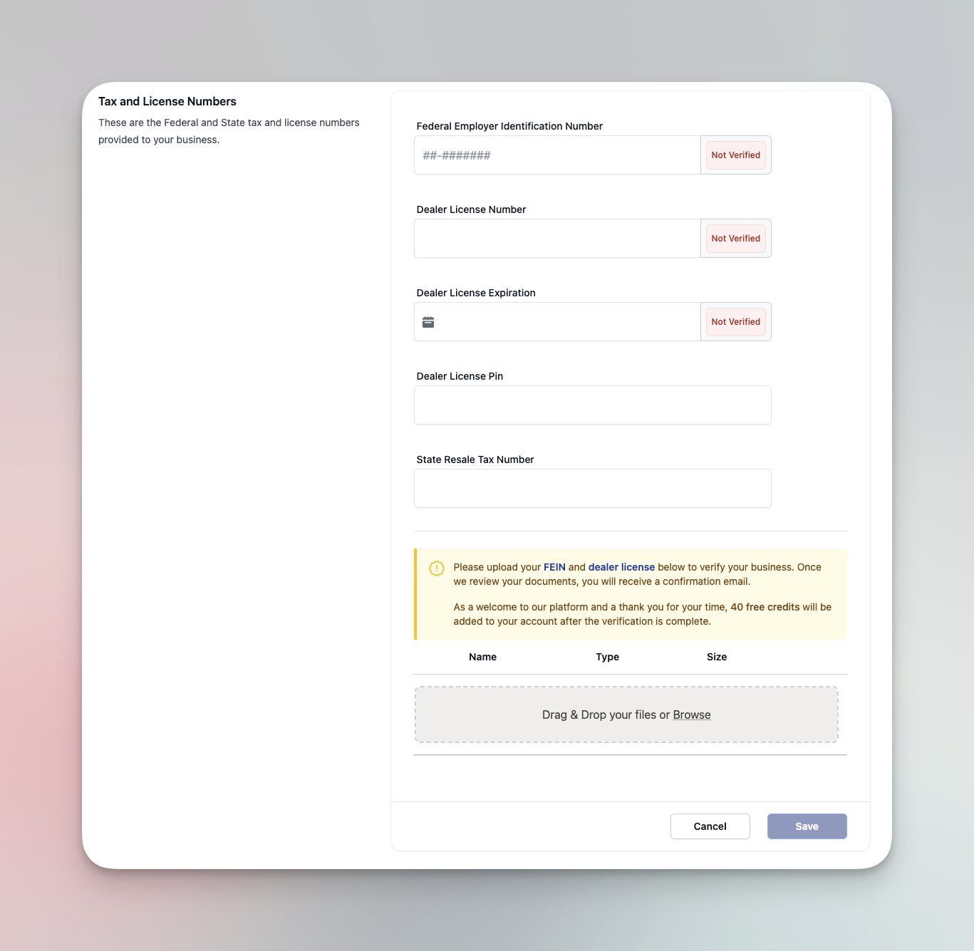 Dealer Profile incomplete tax and license numbers section