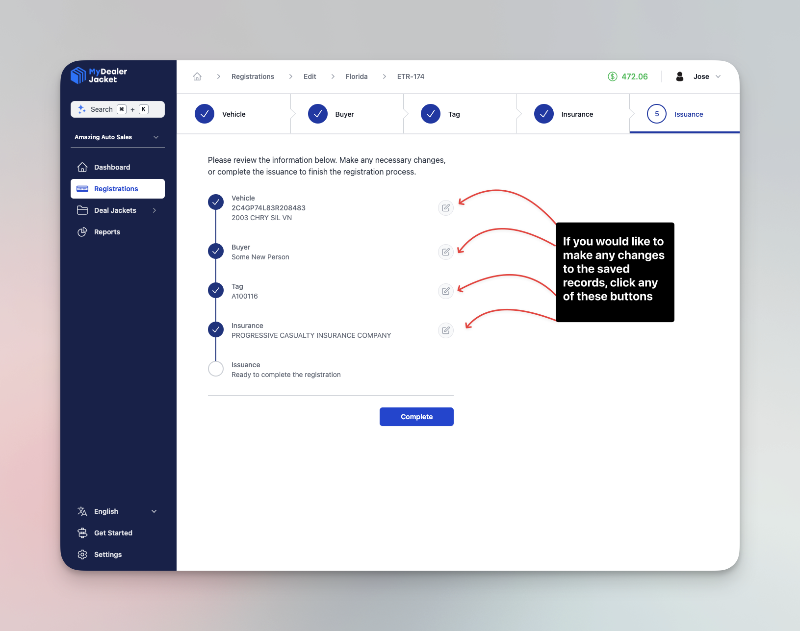 Página de revisión de detalles de emisión