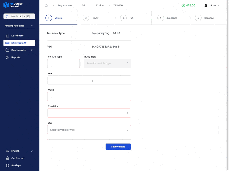 Proporcionando información del vehículo para la Registración