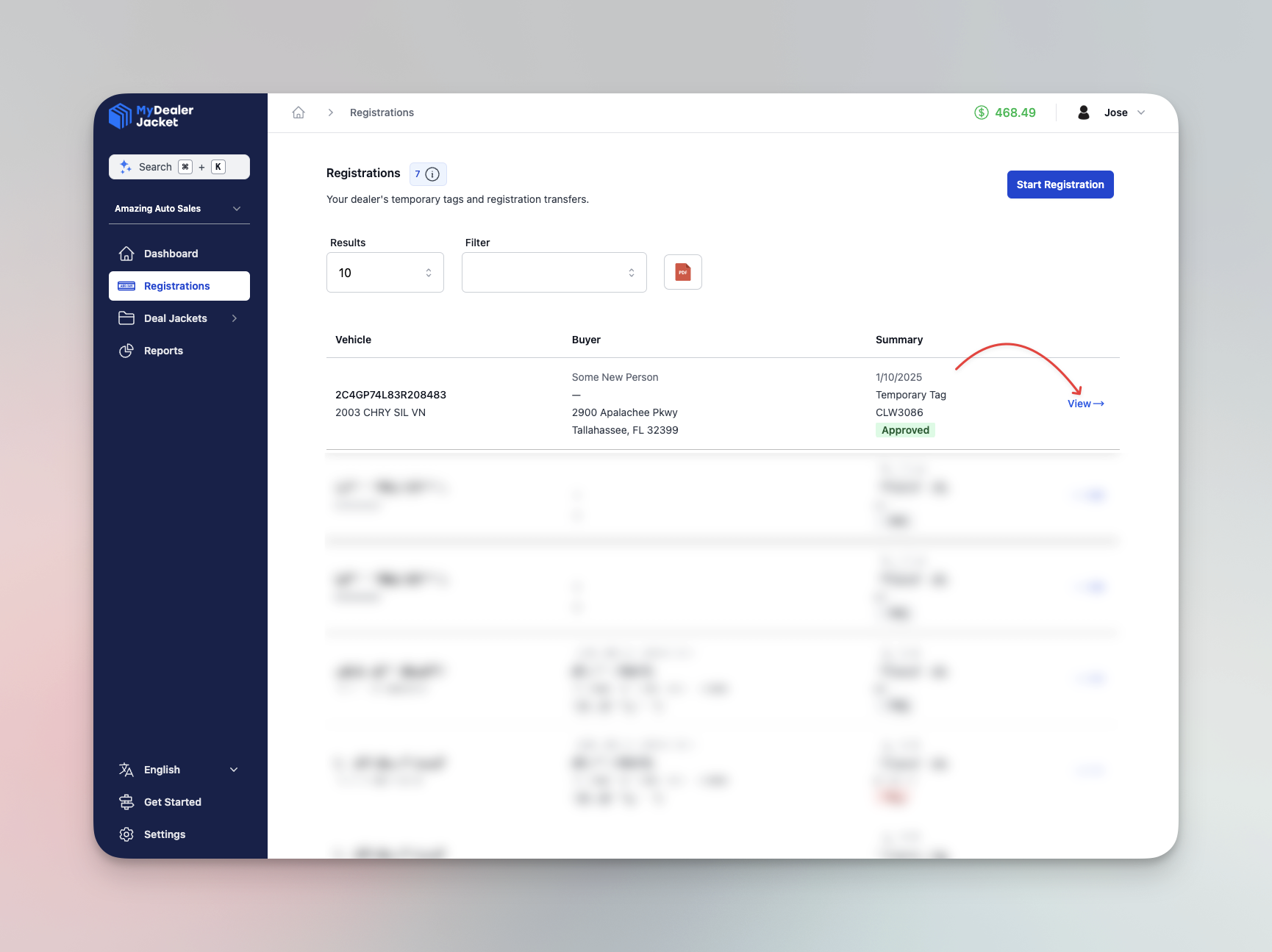 Lista de registros resaltando el botón ver