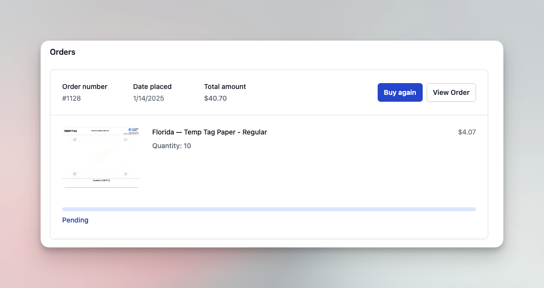 Página de estado de pedido de chapa temporal de muestra
