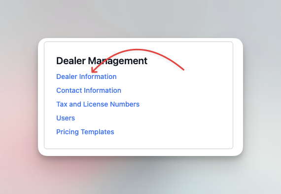 Settings page highlighting Dealer Information link