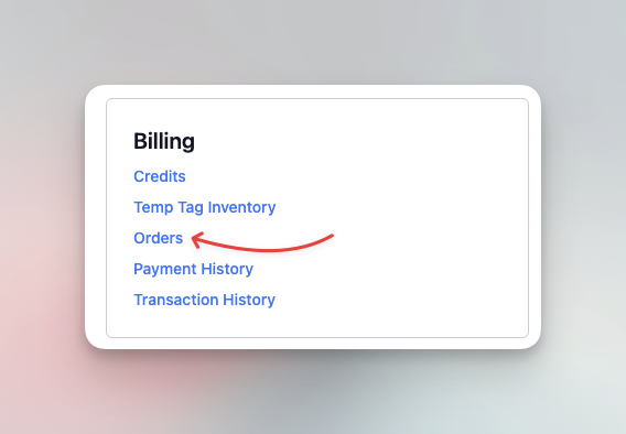Página de configuración resaltando el enlace de Pedidos