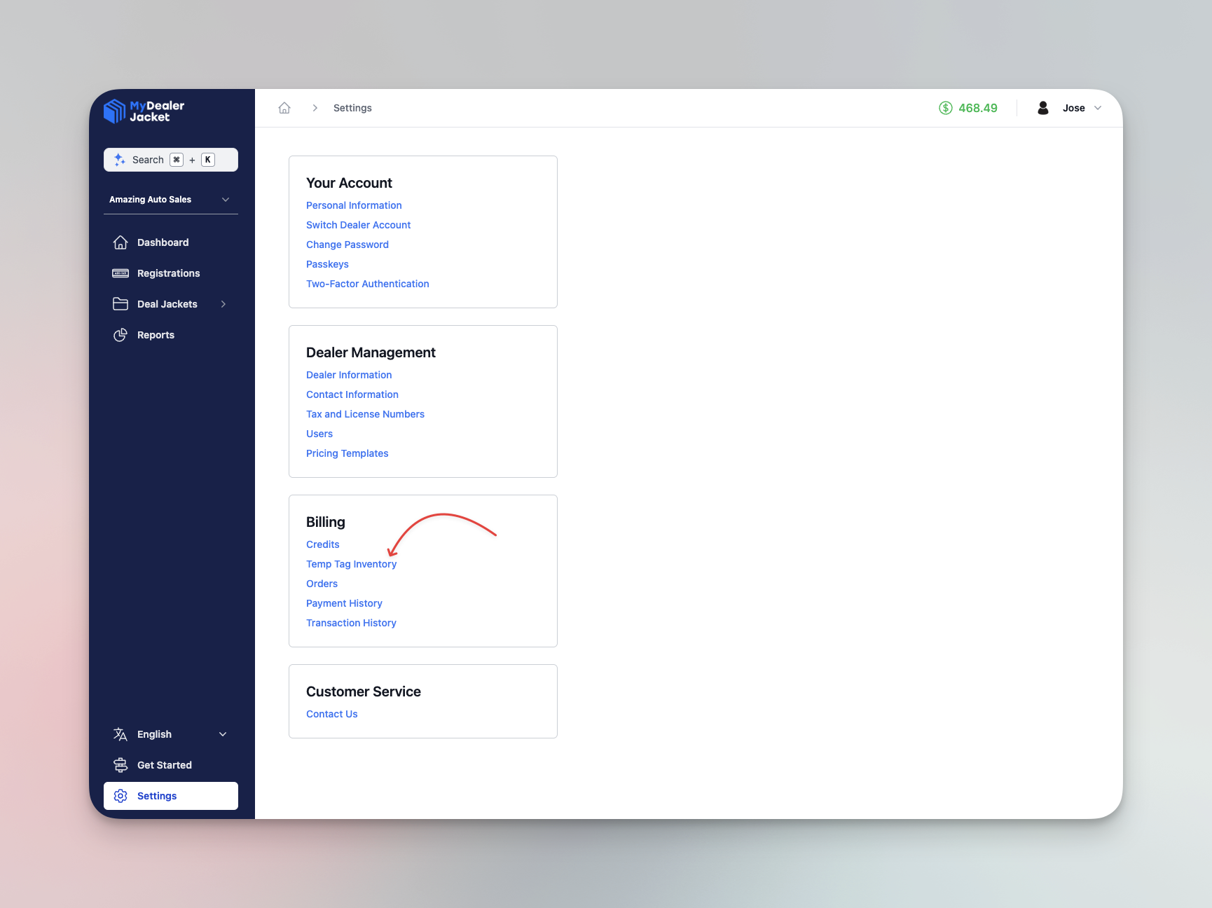 Página de configuración resaltando Inventario de Chapas Temporales