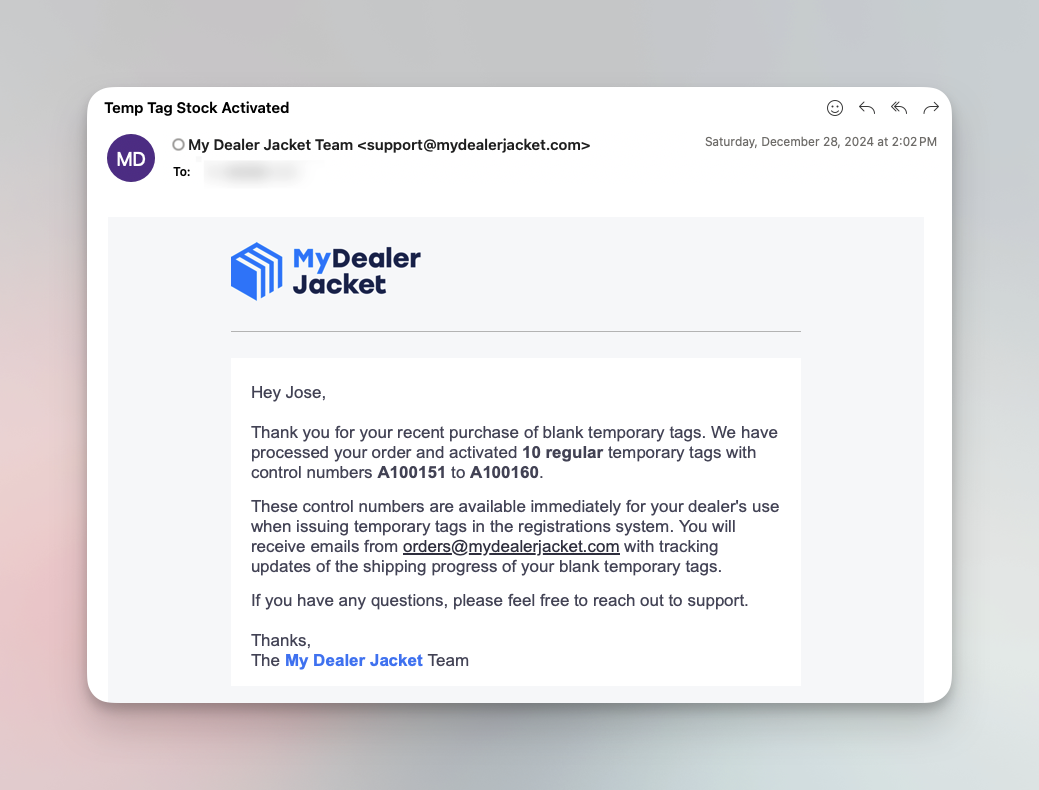 Correo electrónico de stock de chapa temporal activado