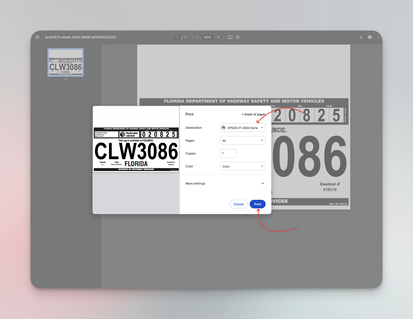 PDF de chapa temporal con diálogo de impresión abierto