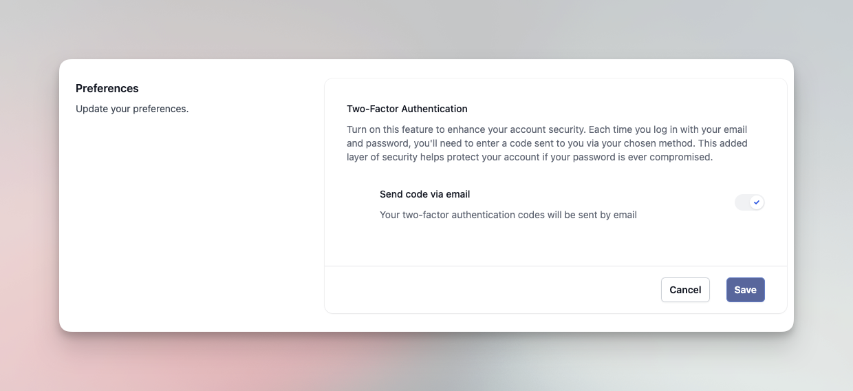 User profile two factor toggle